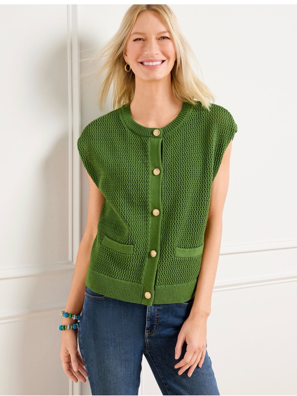 TALBOTS MESH STITCH SWEATER SHELL GOLD BUTTONS GREEN SIZE P